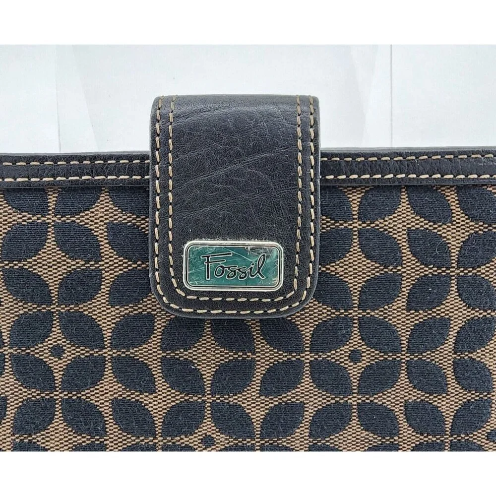 Vintage Fossil Wallet Bi-Fold Brown Textile/Leather Snap Front Zip‎ Pocket 7